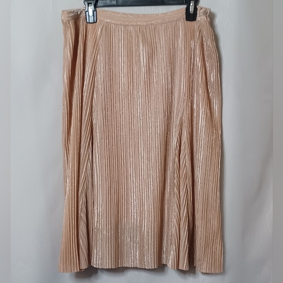 Anthropologie Maeve Ambra Pleated Pink Rose Metallic Midi Skirt. L - Picture 3 of 10